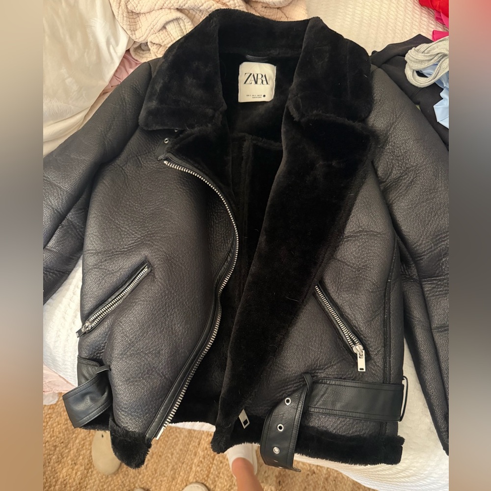 Zara Black Leather Jacket with Faux Fur Lining